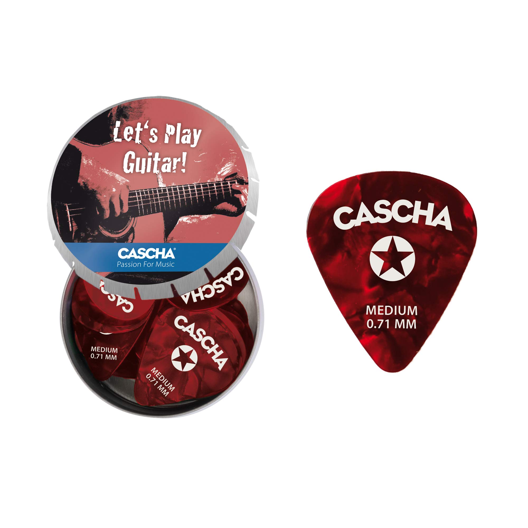 Cascha Guitar Picks Medium Pack of 24 I High-Quality Plectrum Set Made of Robust and Grippy Celluloid - Includes Practical Pick Storage Box I 0.71 mm Medium Plectrums Red Pack of 24