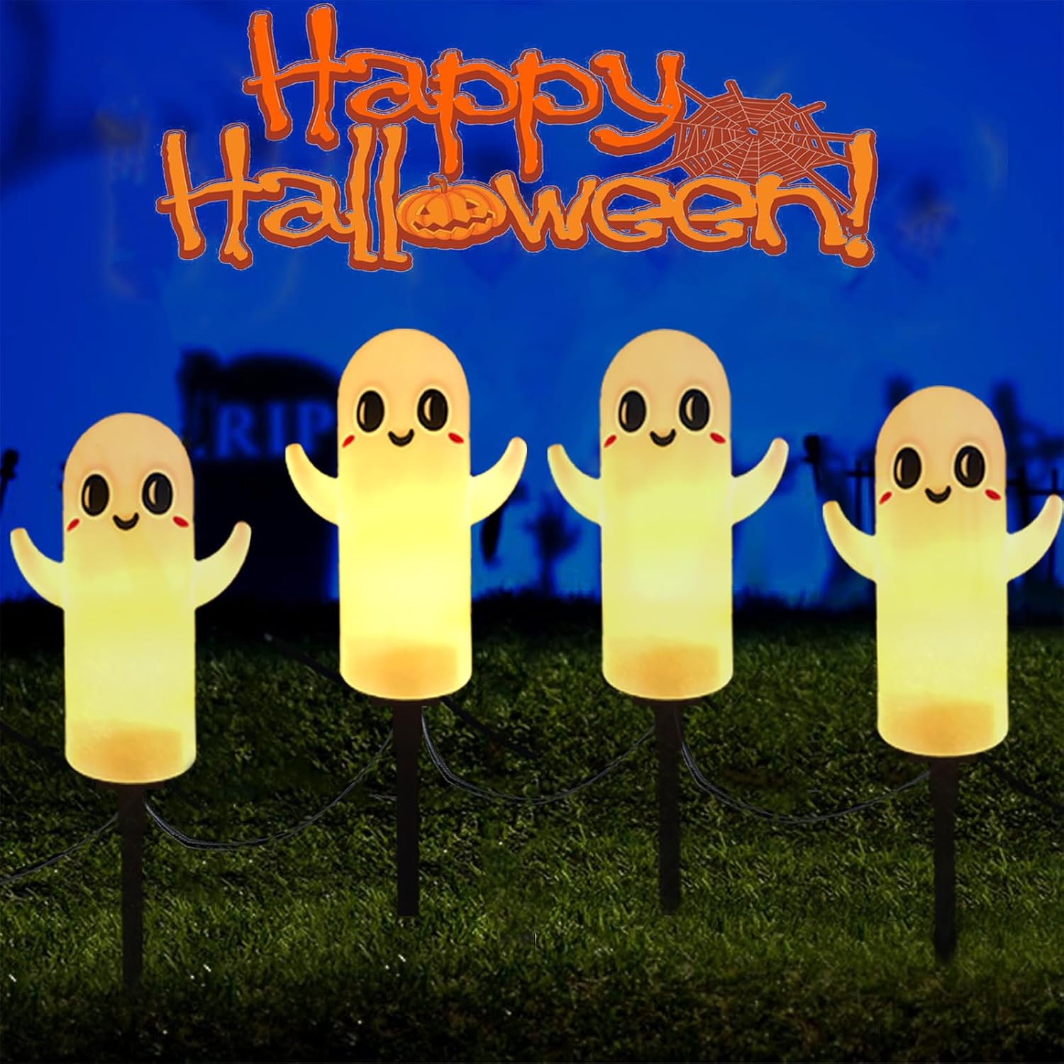 Decorative Garden Stakes - Jasneniebo Set of 4 Halloween Ghost C7 Pathway Lights 7 Ft Extendable Outdoor String Lights Garden Walkway Driveway Patio Lawn Garden Stake Decoration Light up Halloween Yard Stakes
