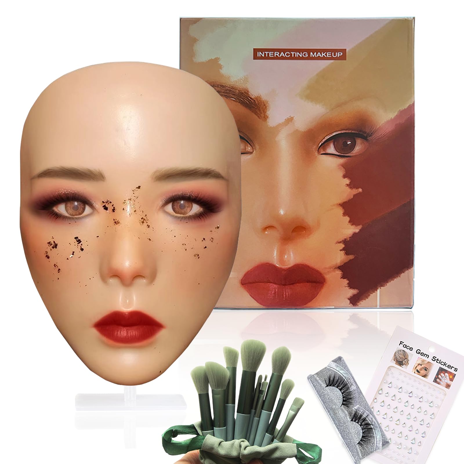 Penubuy Makeup Mannequin Face Kit, Silicone Makeup Practice Full Face with Brushes Set & False Eyelashes & Rhinestones Sticker