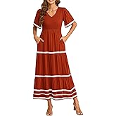 PRETTYGARDEN Women's Casual Summer Maxi Dress Short Sleeve Swiss Dot V Neck Smocked Long Flowy Beach Dresses