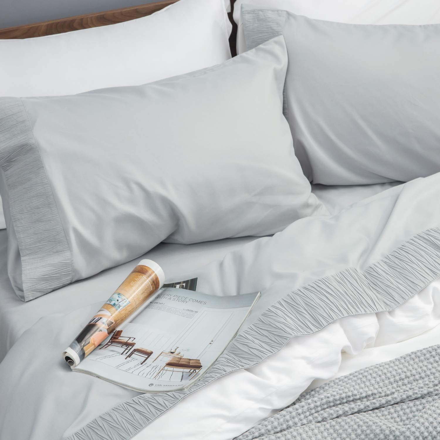 Bedsure Bed Sheet Set - Ruffled Embossed Light Gray Bed Sheets - Soft Brushed Microfiber, Wrinkle Resistant Bedding Set - 1 Fitted Sheet, 1 Flat Sheet, 2 Pillowcases (Queen, Light Grey): Home & Kitchen