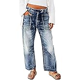 Flamingals Wide Leg Mid Waist Causal Baggy Barrel Jeans for Women Drawstring Eyelet Waist Denim Pants
