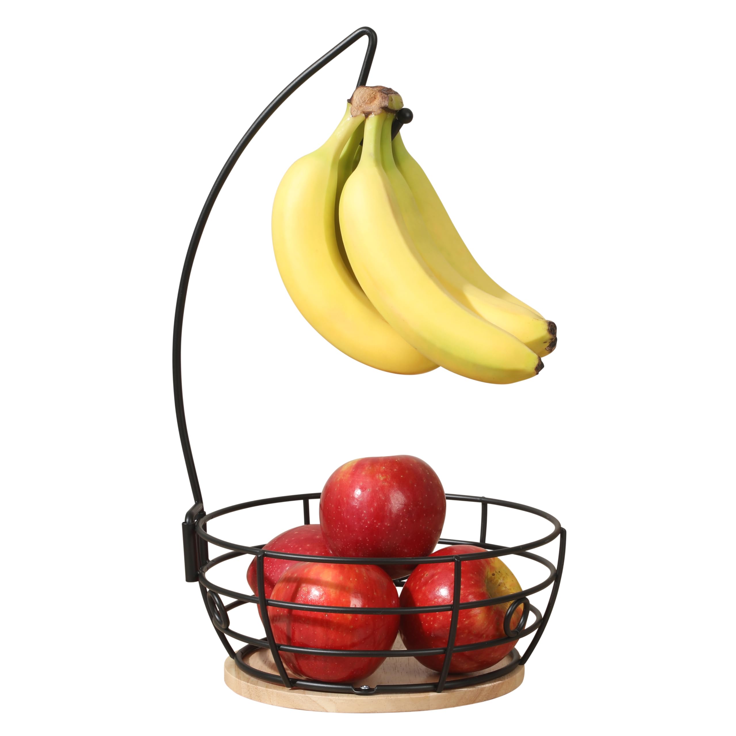 Photo 1 of Gibson Home Harvest Season Fruit Basket Bowl with Banana Hanger – Black Metal Wire & Rubberwood Base – Countertop Produce Stand for Apples, Bananas, Oranges – Kitchen Storage Organizer