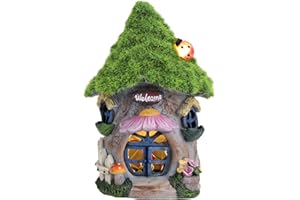 Ovewios Fairy Garden House Decor - Solar Garden Gnomes House Figurines Waterproof Resin Outdoor Statues Flocked Cottage Decorations for Yard Lawn Garden Outside Decor