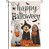 Happy Halloween Dog Pumpkin Garden Flag 12x18 Double Sided for Outside,Golden Retriever Fall Autumn Witch Hat Small Burlap Yard Flag for Outdoor Holiday Home Decor