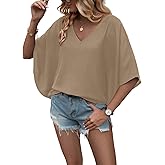 Urchics Chiffon Batwing Tops for Women Short Sleeve V Neck Blouse Tops V-Neck Casual Loose Summer Top Shirts