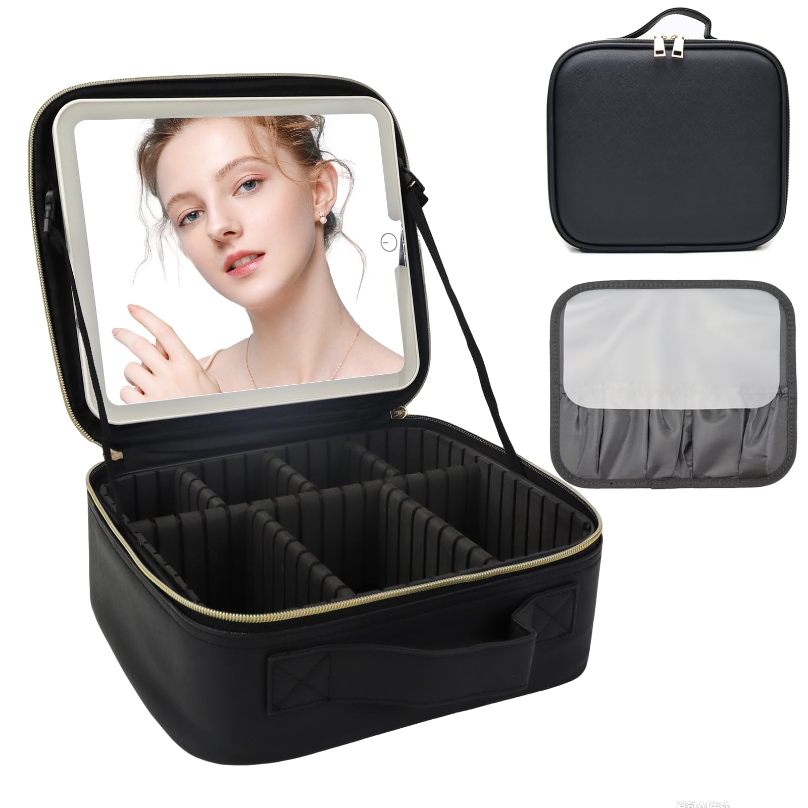 Photo 1 of SUILU Travel Makeup Bag with LED Mirror and Light Travel Makeup Case Cosmetic Organizer Portable Cosmetic Brush Organizer Bag with Adjustable Dividers for Cosmetics Makeup Brushes Toiletry (Black)