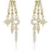 Medsor Gold Dangle Earrings for Women 14k Gold Plated Moon and Star Earrings Triple Huggie Hoop Earrings for Women Dainty Trendy Stud Jewelry