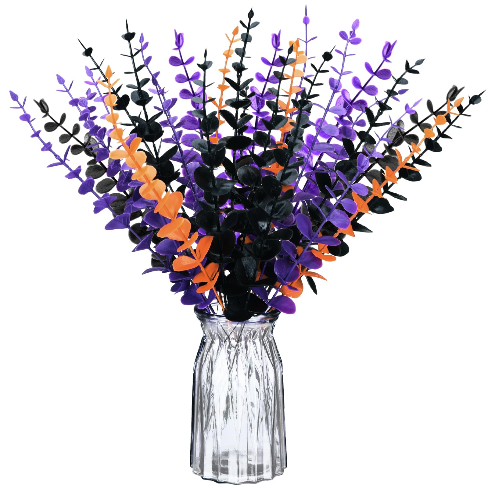 Photo 1 of 24 Pcs Eucalyptus Halloween Flowers Artificial Stems Faux Flowers Eucalyptus Branches Stems Fake Leaf Plants for Wedding Flower Home Farmhouse Christmas Decor (Bright Color)