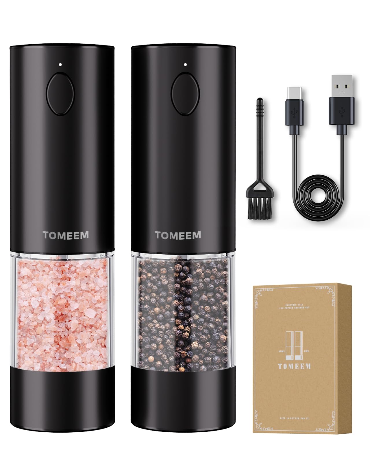 TOMEEM Upgraded Larger Capacity Electric Salt and Pepper Grinder Set Rechargeable with LED lights, Stainless Steel Automatic Pepper and Salt Grinder Refillable with 5 Adjustable Coarseness Black Image