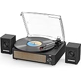 Record Player with Passive Bookshelf Speakers Belt-Drive Vintage Turntable for Vinyl Records External Dual Stereo Speakers LP Players 3 Speed Wireless AUX Headphone Input Auto Stop Retro Black Wooden