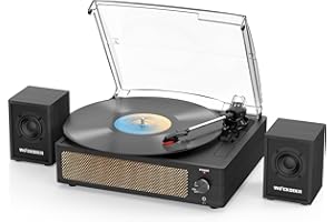 WOCKODER Record Player with Passive Bookshelf Speakers Belt-Drive Vintage Turntable for Vinyl Records External Dual Stereo Speakers LP Players 3 Speed Wireless AUX Headphone Input Auto Stop Retro Black Wooden