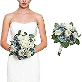 DIYDOFUN Wedding Bouquets for Bride, 11 Inch Bridesmaids Bouquets Artificial Flower Bouquets for Wedding Ceremony Bridal Shower Decorations - Dusty Blue & White