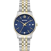 Bulova Ladies Classic 3-Hand Diamond Quartz Two Tone Stainless Steel Watch, Blue Dial Style:98P233