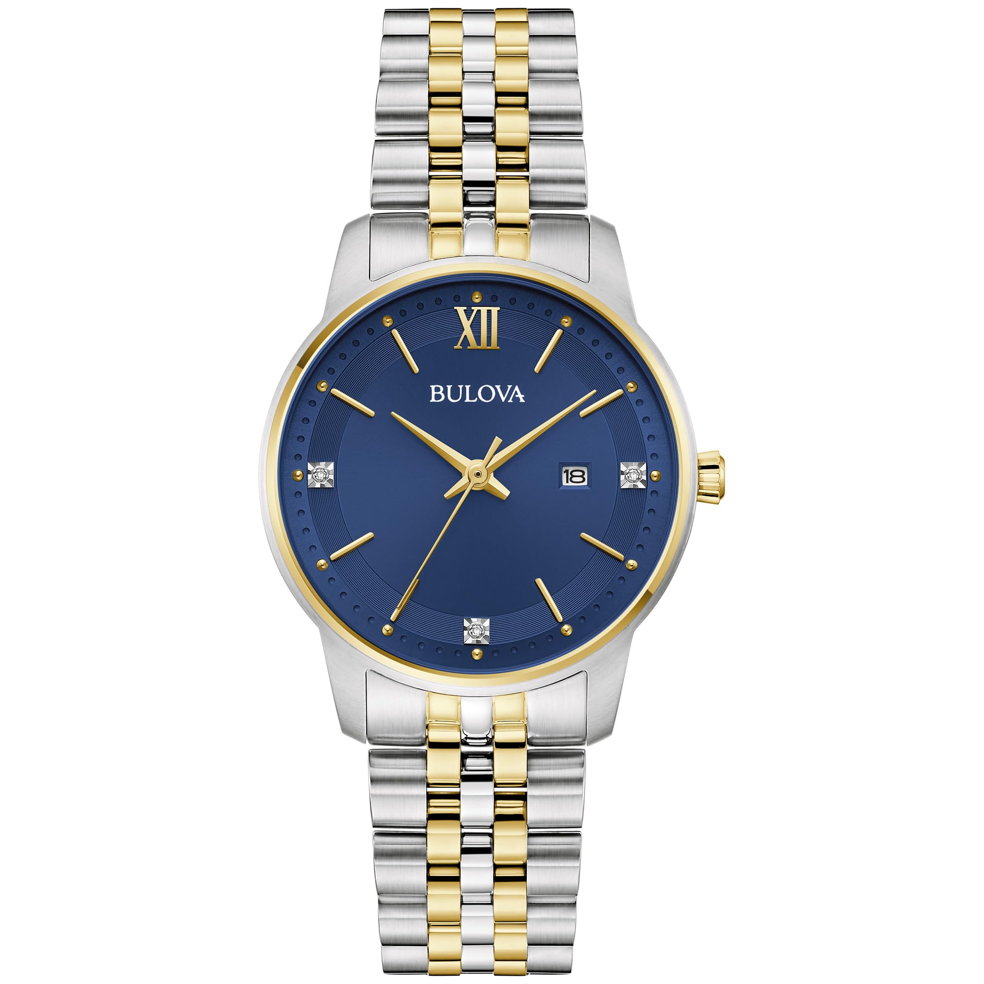 Bulova Ladies Classic 3-Hand Diamond Quartz Two Tone Stainless Steel Watch, Blue Dial Style:98P233