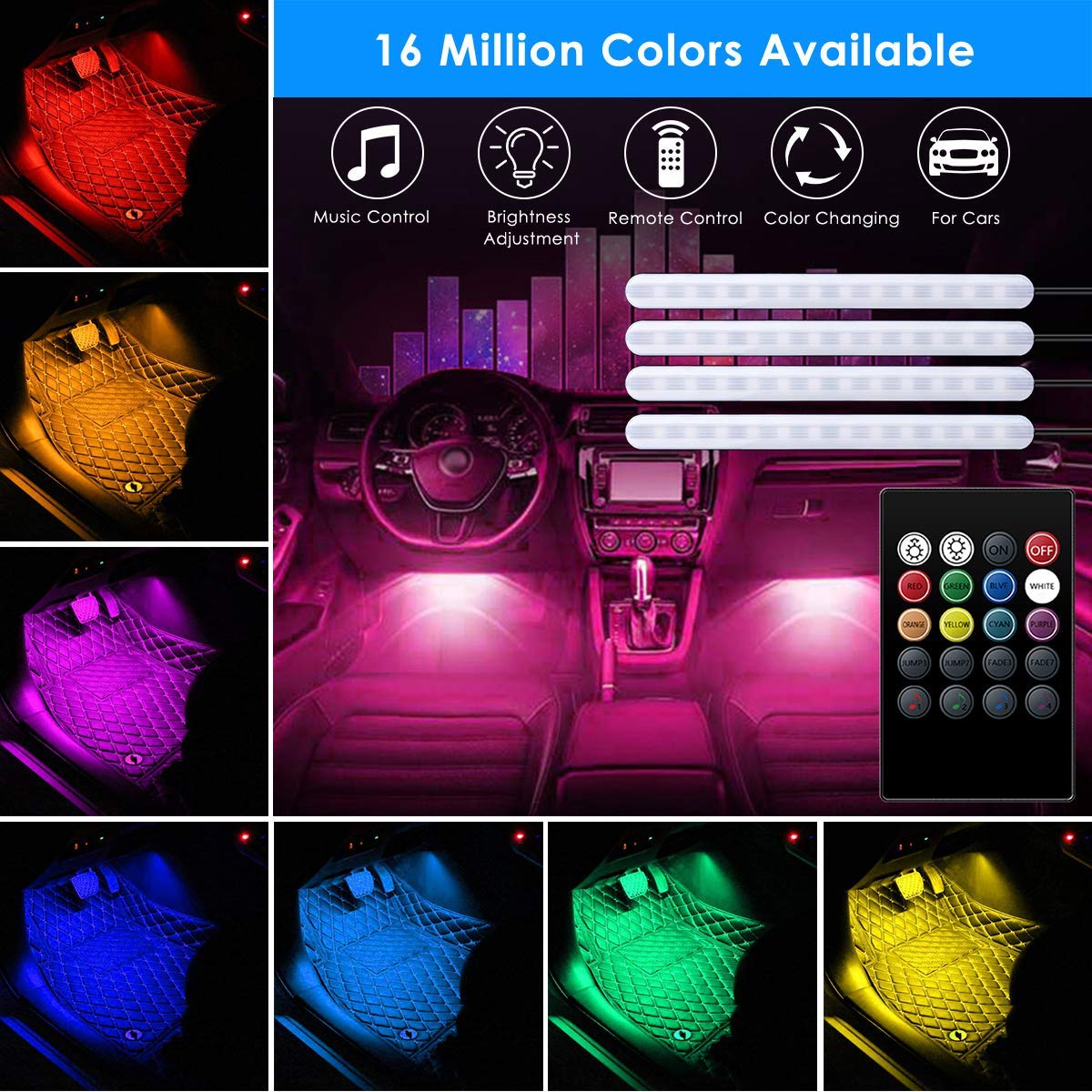 AveyLum Car LED Strip Lights USB 5V 4pcs Auto Interior Music Sync Underdash Footwell Lighting Kit RGB 5050 SMD LED Tape Light with Wireless Remote Control for Truck Jeep Motorcycle TV Home Deco