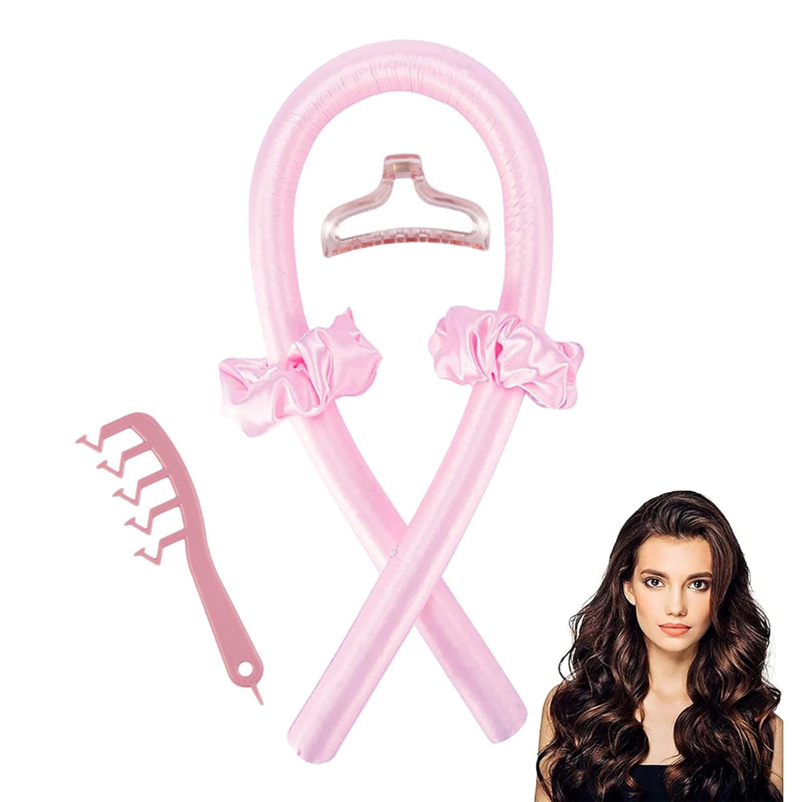 Satin Heatless Hair Curler,Hair Rollers for Heatless Curls with Claw Clip,Soft Rubber Heatless Curling Rod Headband, Adjustable Wavy Curling Hair Kit, for Short & Long Hair (Pink)