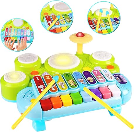 Amazon 3 In 1 幼児用ドラムセット ピアノ キーボード 木琴 おもちゃ モンテッソーリ 楽器 学習 発達 光る おもちゃ 子供 赤ちゃん 幼児 男の子 女の子 年齢 1 2 3 歳 12 18ヶ月 ピアノ 鍵盤楽器 おもちゃ