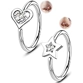 Melighting 20G Nose Rings Hoops Set, 316L Stainless Steel Seamless Open Nose Ring, Heart& Star Cartilage Piercing Clear CZ Helix Earrings Nose Septum Labret Piercing for Women 8 mm