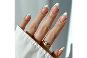 Glamnetic Press On Nails - MaDamn | French Tip Nails, UV Finish Short Pointed Almond Shape, Salon Quality Semi-Transparent Nails in 12 Sizes - 24 Nail Kit with Glue