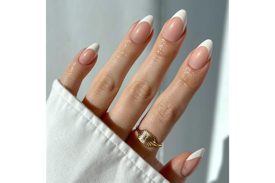 Glamnetic Press On Nails – MaDamn | French Tip Nails, UV Finish Short Pointed Almond Shape, Salon Quality Semi-Transparent Nails in 12 Sizes – 24 Nail Kit with Glue