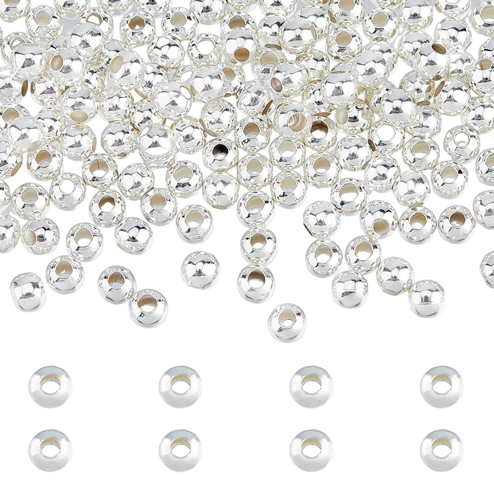 DICOSMETIC 200Pcs 925 Silver Plated 4mm Round Beads Smooth Round Brass Beads Metal Loose Beads Ball Spacer Beads for Jewelry Making DIY Crafts, Hole: 1.6mm
