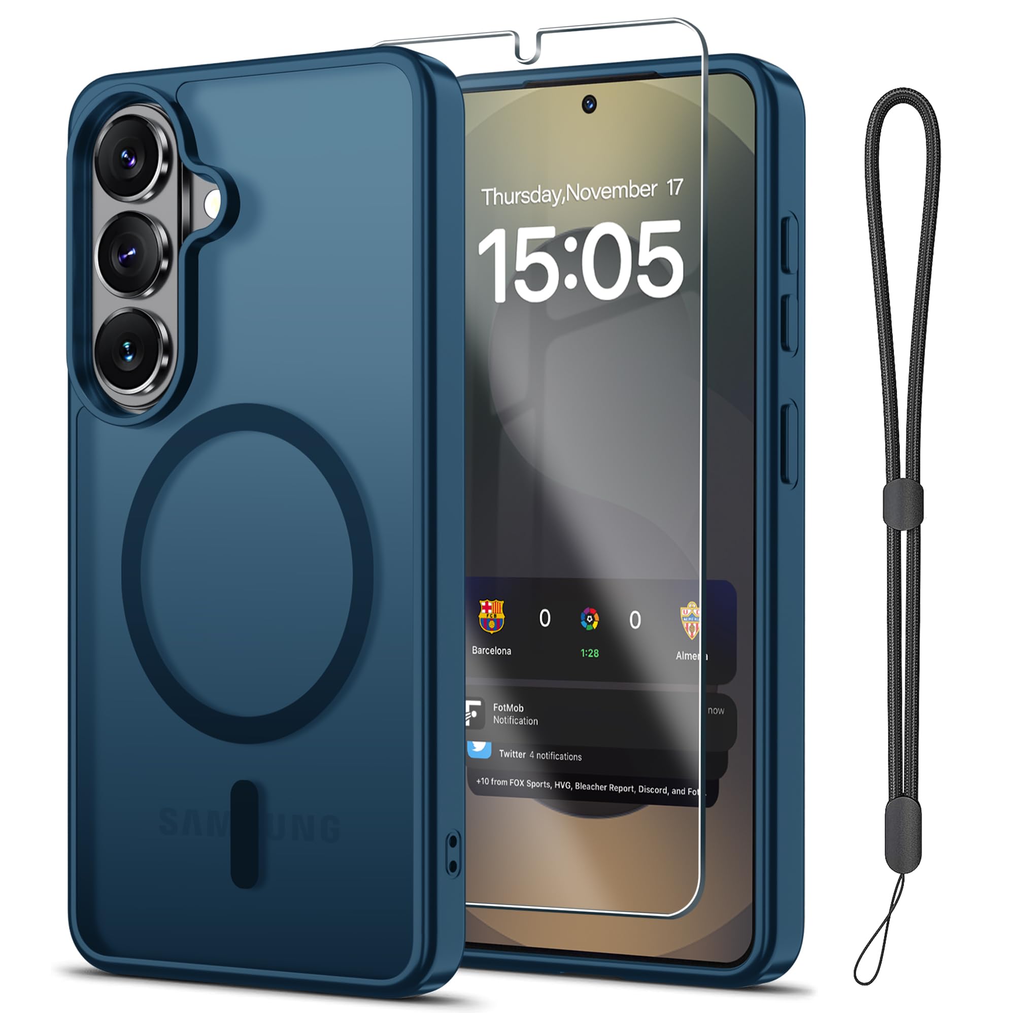 Janmitta Magnetic for Samsung Galaxy S26 Case,with Screen Protector+Wrist Strap,Compatible with MagSafe,Military Grade Drop Protection,Shockproof Slim Translucent Matte Phone Cover,Deep Blue