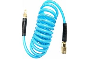SANFU (PU) Polyurethane Reinforced Recoil 1/4”ID(6.3 x 9.8mm) x 10ft, Air Hose 300PSI with 1/4-Inch Swivel Solid Brass Quick Coupler and Plug,Transparent Blue(10')