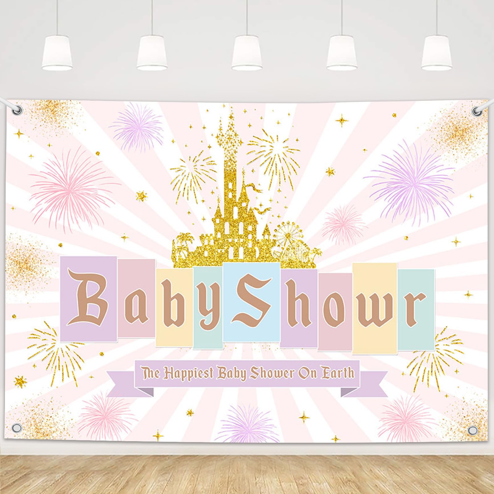 Photo 1 of MEHOFOND 7x5ft Princess Castle Baby Shower Decorations Backdrop Pastel Rainbow Stripes Magical Background Gold Glitter Happiest Baby Shower On Earth Party Banner Photo Booth Props
