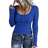 KINLONSAIR Women’s Long Sleeve Henley T Shirts Button Down Slim Fit Tops Scoop Neck Ribbed Knit Shirts