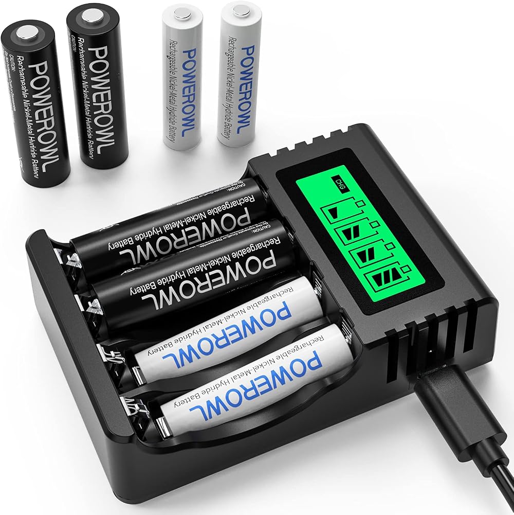 POWEROWL LCD Charger with 8 NiMH Cells AA 2800mAh AAA 1000mAh USB