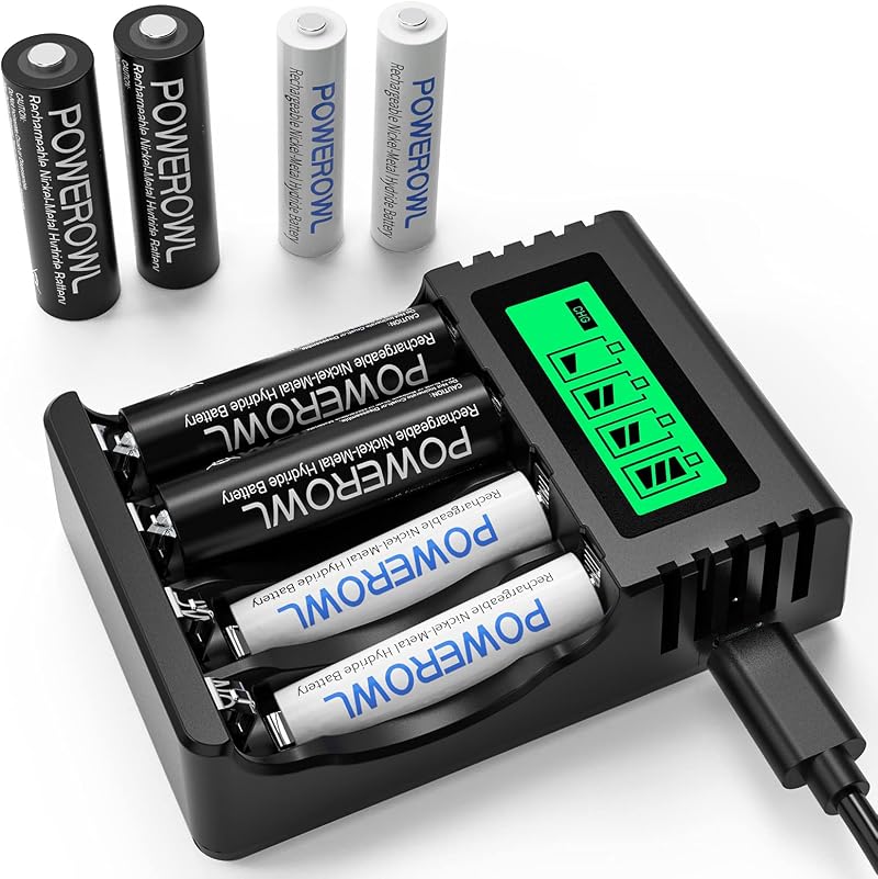 POWEROWL LCD Charger with 8 NiMH Cells AA 2800mAh AAA 1000mAh USB