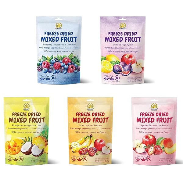 SUNGIVEN FREEZE-DRIED FRUIT PARTY WITH 10+ FRUITS, MIXED FRUITS VARIETY PACK OF 5 BAG, 7.06 OZ, HEALTH SNACK, FRUIT CRISPS, FREEZE DRIED APPLE STRAWBERRY BERRIES LEMON COCONUT FIG MANGO PINEAPPLE, NO SUGAR ADDED, MADE WITH 100% FRUIT