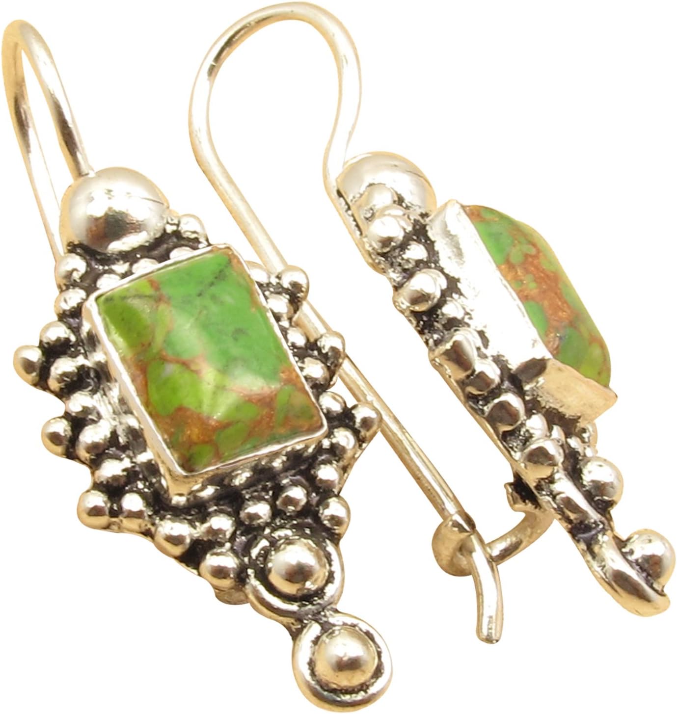 Tibetan Earrings !!! Natural GREEN COPPER TURQUOISE 925 Sterling Silver Plated Jewelry 1 1/8"