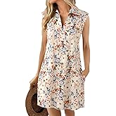 Wenrine Womens Summer Dresses Floral Casual Collared V Neck Cap Sleeve Loose Boho T Shirt Dresses with Pockets