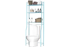 GloTika 3-Tier Over The Toilet Storage, Freestanding Above Over Toilet Bathroom Organizer Space Saver, Metal Toilet Storage Shelf with 4 Hooks for Bathroom, Blue