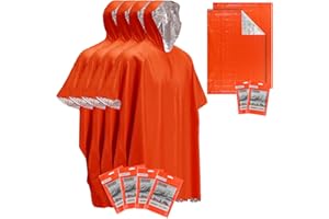 4 Emergency Ponchos with Hood Adult and 2 Emergency Blankets, Waterproof Reusable Emergency Rain Poncho for Camping, Hiking, 