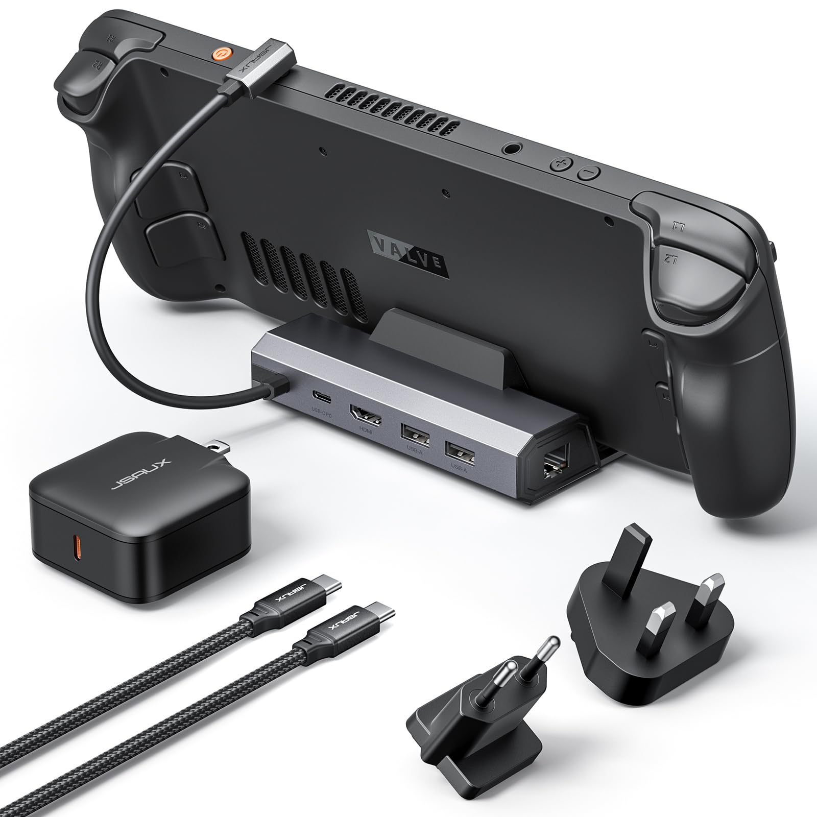 Photo 1 of JSAUX 4K@120Hz Docking Station and 65W Charger Compatible with Steam Deck OLED/ROG Ally X/Legion Go (S), 5-in-1 Dock with HDMI 2.1, 100Mbps Ethernet, Dual USB 2.0 and 100W Charge-HB0602