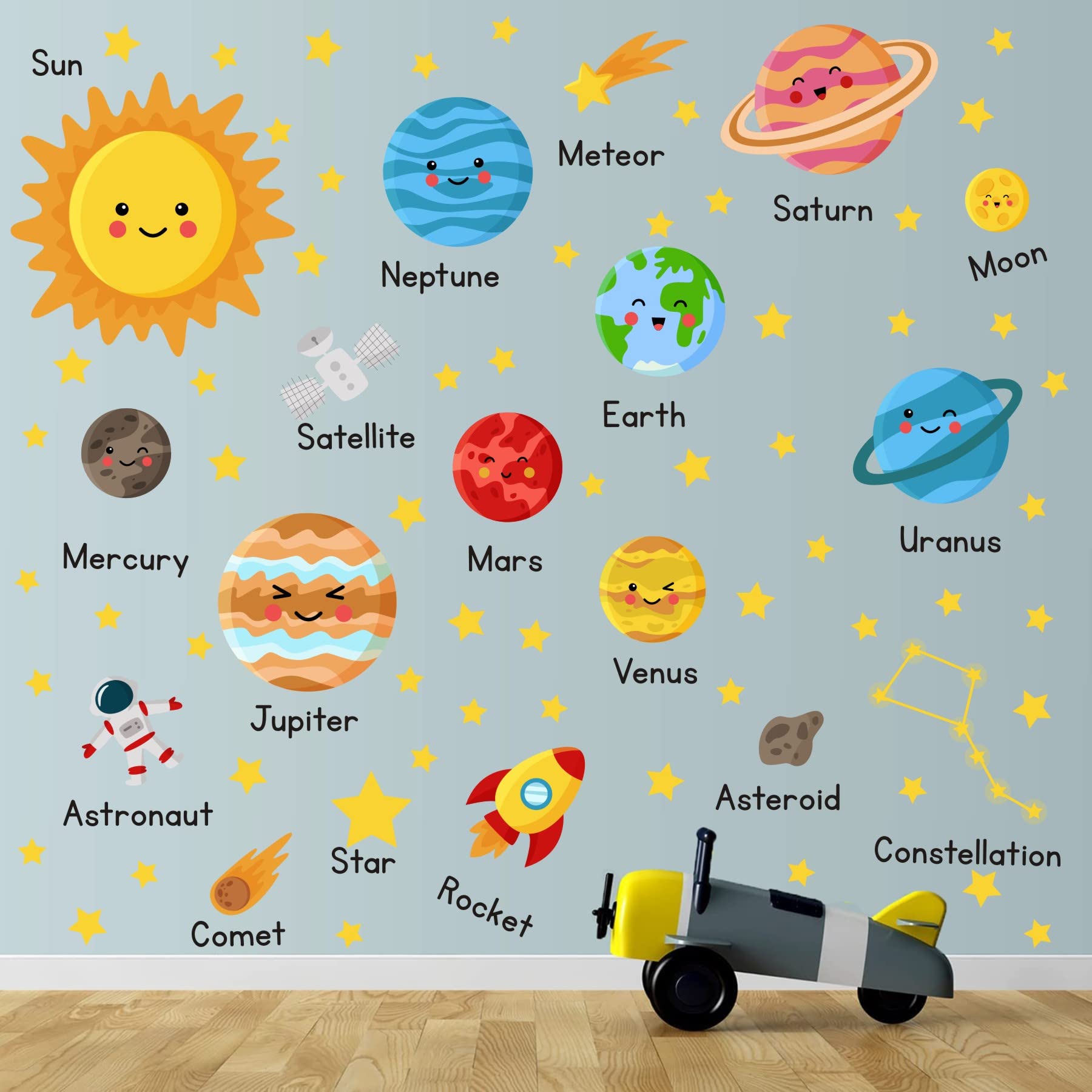 HPUINB Planet Wall Stickers,The Solar System Wall Stickers for Kids Bedroom,Outer Space Wall Decals for Nursery,Astronaut Stars Wall Art for Children Bedroom Babyroom Playroom Living Room Decor