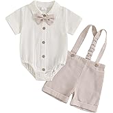 WNGECAT Baby Boy Gentleman Short Sleeve Lapel Neck Romper with Stripe Suspender Shorts and Bowtie