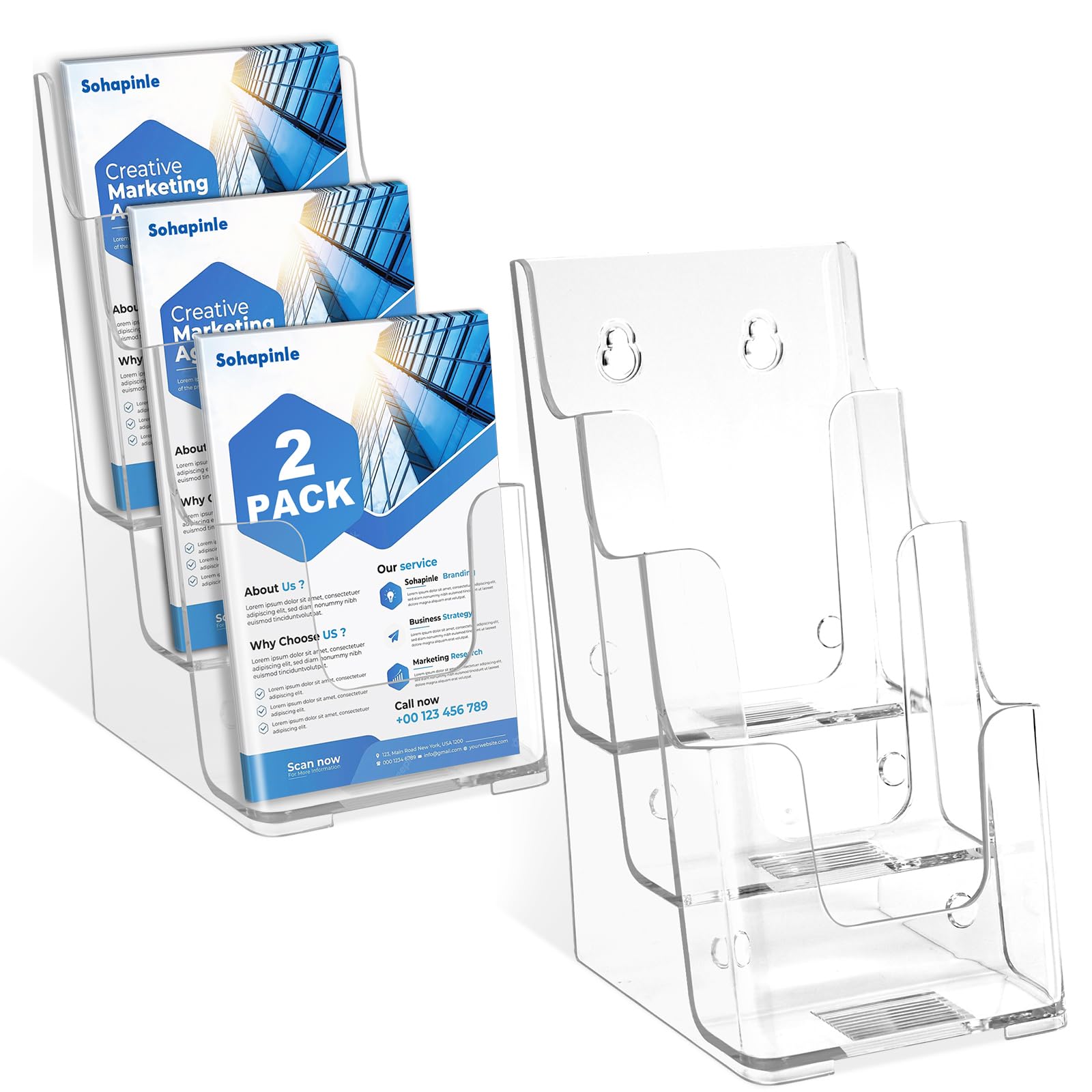 Photo 1 of 3 Tier Acrylic Brochure Holder 4 x 9 Inches 2 Pack Clear Literature Holders Plastic Flyer Display Stand Thicker Countertop Organizer for Pamphlets Magazines Booklets Menus, Desk & Wall Mount