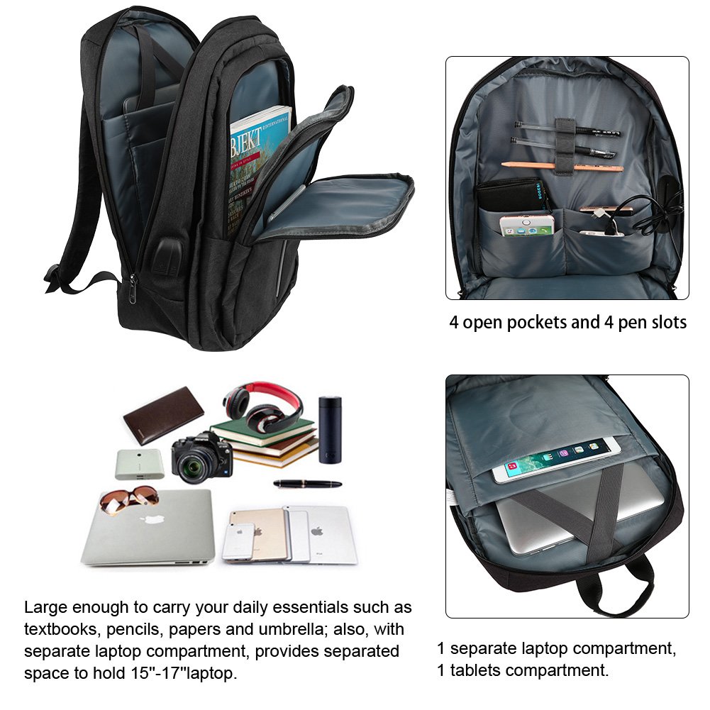 Vbiger Impermeables Mochila Portátil con Puerto de Carga USB y Orificio para Auriculares para Hombre ,17 \