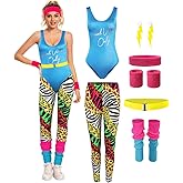 galeeup 80s Workout Costume Women Aerobics Leotard Outfits Full Accessories Yoga Set Headband Wristbands 7 Pcs