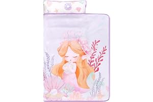 GFU Toddler Nap Mat with Removable Pillow, Rolled Nap Mats for Girls Preschool, Cute Sleeping Bag for Daycare, Napping Mats for Kids with Soft Dot Minky Blanket Ages 3-7 Years, Purple Mermaid
