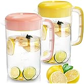 Jucoan 2 Pack 1 Gallon Plastic Pitcher with Lid, Large Water Drink Pitcher, Ice Tea Pitchers with Strainer Cover, Handles, Measurements for Party Sun Tea, Lemonade, Sangria, Cold Brew