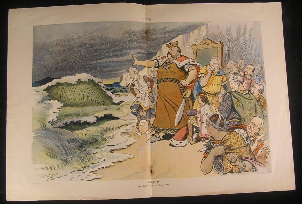 King Canute Fighting Tide Tariff Revision 1908 antique