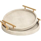 UPPER DECOR Modern Shagreen Tray, Round Serving Tray with Gold Polished Metal Handles, Decorative Trays Coffee Table Ottoman Trays for Living Room Bathroom Home Decor, Set of 2 (Ivory)