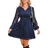 CUPSHE Women's Mini Dresses Casual Floral Lace Tie Neck Long Lantern Sleeves Elastic Waist A-Line Flowy Dress