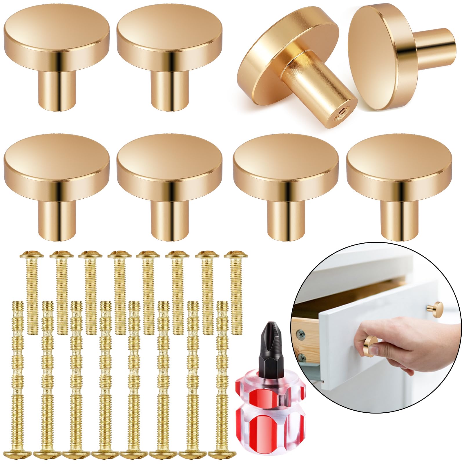 VEPEPE 8 Pcs Round Black Door Knobs, 30mm Brass Drawer Knobs, Single Hole Cabinet Knobs with Screws, Screwdriver, Round Wardrobe Door Knobs for Cupboards & Draws Home Decorating (Gold)