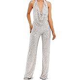 Tenabell Sparkly Sequin Jumpsuit Halter Neck Backless Sequin Overalls Glitter Pants